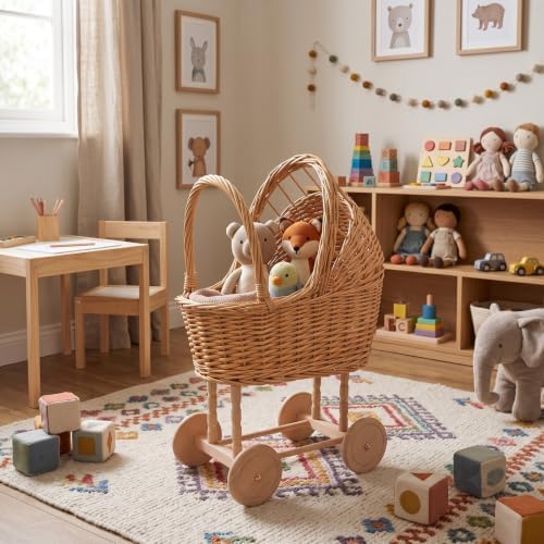 Vintage Wicker Baby Carriage for Baby Shower with Sage Green Bow & Balloons - Image 6
