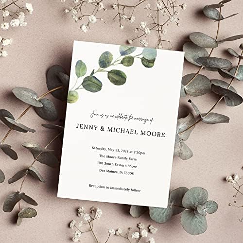 Personalized Eucalyptus Wedding Invitations / 25 Modern Watercolor Greenery Floral Custom Invites With White Envelopes / 5" x 7" Flat Botanical Engagement Party Anniversary Invitation / Made In The USA - Image 4