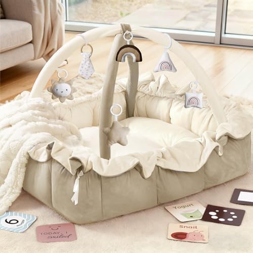 Mallify 5-in-1 Plush Baby Play Gym, Baby Play Mat, Convertible Baby Gym with Blanket and 6 Toys, Tummy time mat, Baby Activity Center from Newborn to Toddler, Baby Gym, Baby Newborn Essentials,Brown by MF