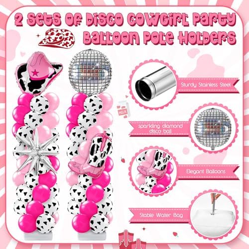 Kasyat 2 Sets Disco Cowgirl Balloon Column Stand Kit with 4d Cowgirl Hat Boots Disco Ball Exploding Stars Balloons Hot Pink Silver Arch Kit for Floor for Western Birthday Party Decorations - Image 3