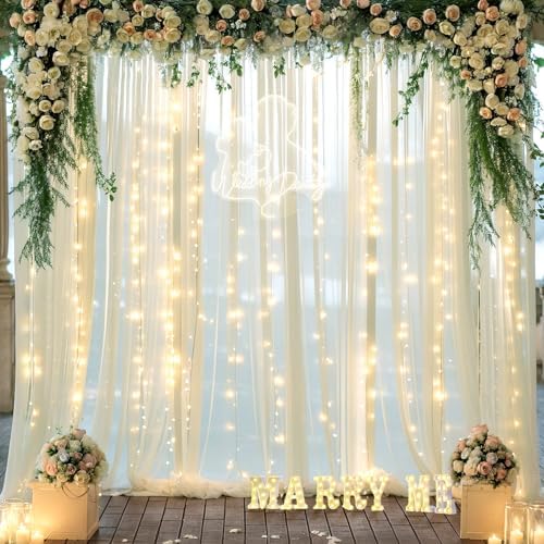 10ft x 10ft Ivory Tulle Photo Backdrop Curtain with Lights String for Parties Wedding Sheer Ivory Curtain Backdrop for Birthday Party Bridal Shower Photo Booth Photography Background Decorations - Image 4