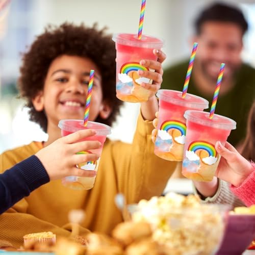 Whaline 50 Pcs 12 Oz Pastel Rainbow Disposable Plastic Cups with Lids and Straws Colorful Cold Beverage Drinking Cups for Birthday Baby Shower Party Supplies - Image 5