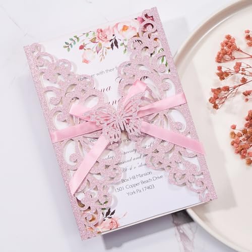 50pcs Pink Quinceanera Invitations Wedding Invites with Butterfly Ribbons by Maffily