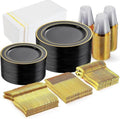 GATHER 350PCS Black Plastic Plates with Gold Rim for Wedding Party by Gather