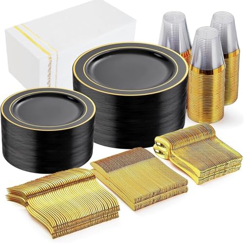 GATHER 350PCS Black Plastic Plates with Gold Rim for Wedding Party by Gather