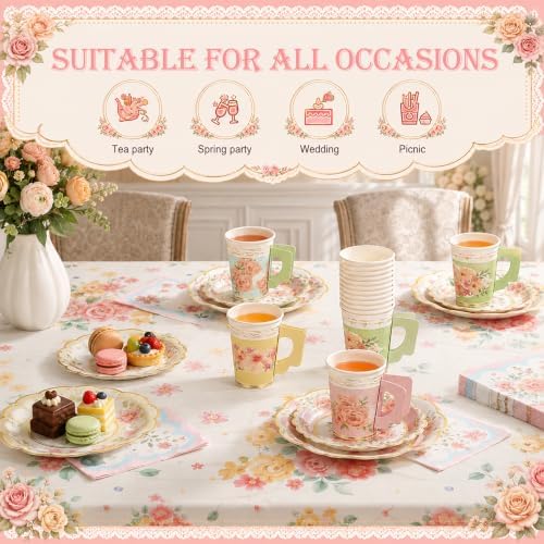Yungyan 289 Pcs 72 Set Floral Tea Party Supplies, Tea Party Plates and Napkins Set with Tablecloth, Disposable Handle Teacups and Saucers for Birthday Wedding Bridal Shower Decorations (Sweet Style) - Image 6