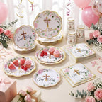 Ziliny 250 Pcs God Bless Baptism Party Tableware Set for 50 Guest First Holy Communion Decorations Pink Eucalyptus Leaves Paper Plates Napkins and Cups for Christening Baby Shower Religious - Image 6