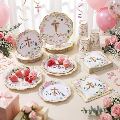 Ziliny 250 Pcs God Bless Baptism Party Tableware Set for 50 Guest First Holy Communion Decorations Pink Eucalyptus Leaves Paper Plates Napkins and Cups for Christening Baby Shower Religious - Image 6