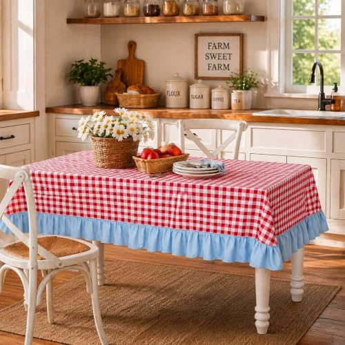 JarThenaAMCS Red Plaid Gingham Blue Ruffled Tablecloth 60 x 120 Inch Rectangular Cotton Farmhouse Table Cover for Birthday Baby Shower Independence Day Party Kitchen Outdoor Picnic - Image 4