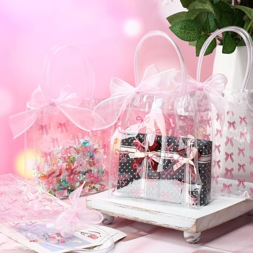 Kolldenn 48 Pcs Pink Bow Clear PVC Gift Bags with Handle Ribbon Reusable Pink Coquette Bowknot Goodies Treats Totes Bulk for Birthday Wedding Baby Shower Party Supplies, 5.9 x 6.3 x 2.8 Inch - Image 6