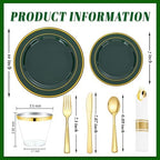 WDF Partyware 350PCS Green and Gold Plates - Green Plastic Plates 50Guests Plastic Plate with Rolled Napkins for Party/Birthday/Wedding - Image 3