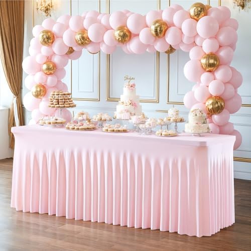 2 Pack Pink Table Cloth for 8 Foot Rectangle Tables Spandex Fitted Tablecloth 8ft Stretch Table Covers Skirt Pink Banquet Tablecloths Wrinkle Free Tablecloth for Party Wedding Birthday Event - Image 4