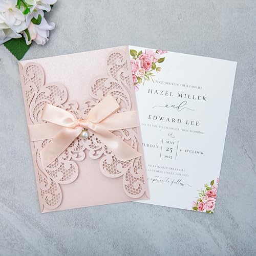 20Pcs Blush Pink Laser Cut Wedding Invitation Cards With Envelopes - Image 3