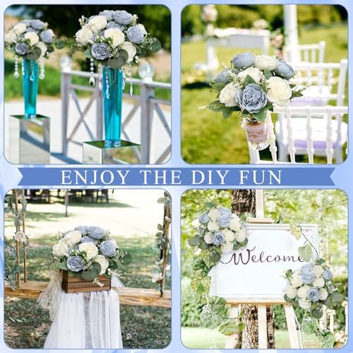 24 Bundles Dusty Blue White Artificial Peonies Silk Flowers Bulk - Image 4