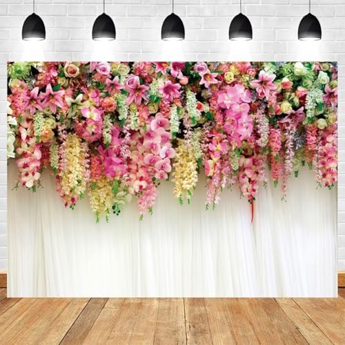 10x7ft Pink Floral Backdrop White Curtain Wedding Reception Photography Background Colorful Flowers Anniversary Bridal Shower Decorations Birthday Party Baby Shower Portrait Photo Booth Prop - Image 2