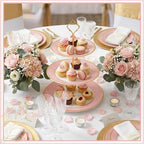 CHENGU 3 Tier Christmas Cupcake Stand Pink Ceramic with Gold Frame - Image 5