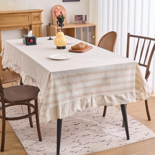 vctops Farmhouse Khaki Stripe Ruffle Table Cloth, Boho Cotton Linen Tablecloth, Washable Table Cover for Rectangle Table Baby Shower Kitchen Party Wedding Decor (Khaki A,55"x86") - Image 2