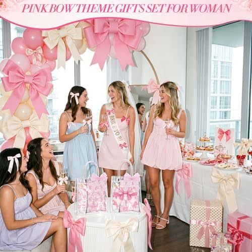 Rtteri 30 Pcs Pink Bow Party Favors Gift Set for Women, Coquette Bow Baby Shower Prizes for Winners Bachelorette Bridal Shower, Includes 16 oz Glass Tumbler PVC Gift Bag Cosmetic Bag Keychain - Image 6