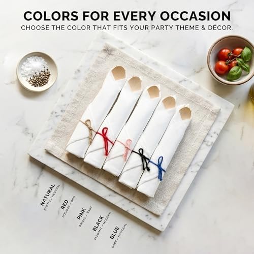 Prerolled Disposable Bamboo Cutlery Set – 50 Pack Pre Wrapped Silverware and Napkin Bundle with Forks, Knives, Spoons for Parties, Weddings, Events, and BBQ (Red String) - Image 5