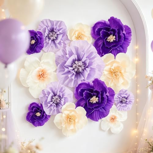 24 Pcs Tissue Paper Flowers Decorations for Wall,8" 10" 12" Crepe Paper Flowers for Floral Party Wedding Baby Bridal Shower Birthday Wall Decor (24, Purple,Light Purple,White) - Image 2