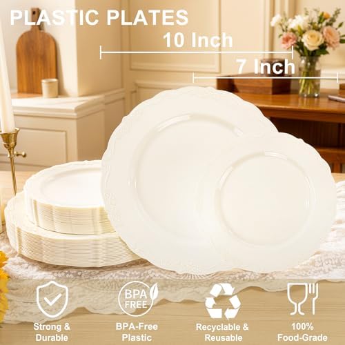 U-QE 100 Pcs Ivory Plastic Plates for Party - Ivory Disposable Plates - Image 2