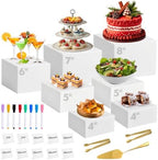7 Pcs Buffet Risers with Mini Sign and Maker Serving Tongs Cake Cutter, White Acrylic Food Display Stands for Buffet Table Party Catering Dessert Nesting Cube Boxes with Hollow Bottoms (8",7",6",5",5",4",4") by Unknown