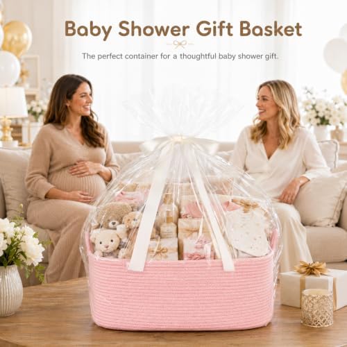 OIASKET Large Empty Cotton Rope Gift Basket with Handles, 18.9"x13.8"x7.8" Decorative Woven Storage Basket with Gift Bag and Ribbon Set for Baby Shower, Toy Organizer for Kids, Dogs & Cats - Pink - Image 2