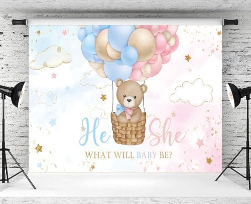 10x6.5ft Gender Reveal Backdrop He or She Pink or Blue Balloons Photography Background Boy or Girl Baby Bear Gender Reveal Party Banner Decorations Supplies Photo Booth Props - Image 4