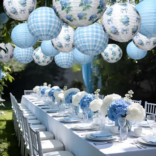12 Pcs Hydrangea Plaid Paper Lanterns 8" 10" 12" Blue White Floral Chinese Lanterns for Summer Birthday Wedding Baby Shower Garden Tea Party Decorations - Image 4