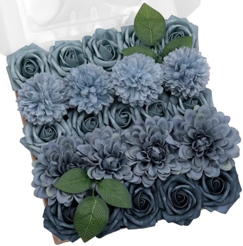 TINGE TIME 23pcs Artificial Flowers Combo, Roses Dahlia Dusty Blue by TINGETIME