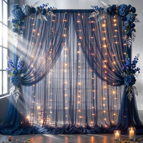 Shillance 30ft x 10ft Navy Blue Backdrop Curtain with Lights String for Parties, Sheer Tulle Wedding Photo Backdrops Drapes for Baby Shower Birthday Party Decorations Background for Photography - Image 3