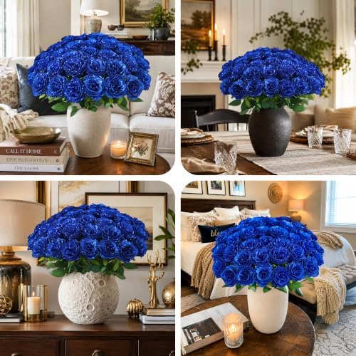 HyeFlora 30 PCS Blue Roses Artificial Flowers, Fake Roses with Stem Realistic Silk Roses for Wedding Bouquets Table Centerpieces Arrangement Baby Shower Home Decor Anniversary Birthday Gift for Her - Image 3