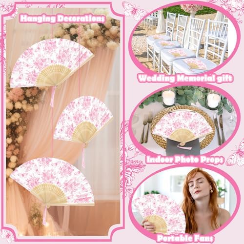 JarThenaAMCS 25 Sets Pink Floral Hand Folding Fans with Bags Wedding Party Favors Chinoiserie Flower Butterfly Foldable Paper Fans with Tassel for Bridesmaid Bridal Shower Decor - Image 7