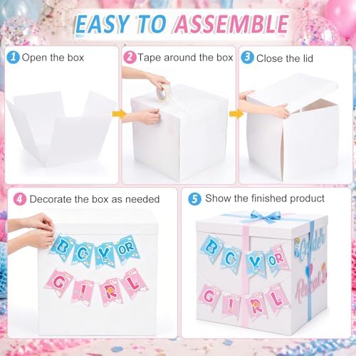 VercanMonth 28 Inches Giant Gender Reveal Gift Box with Lid Kit Extra Large White Gift Box with Boy or Girl Party Banner and Blue Pink Ribbons for Gender Reveal Birthday Party Baby Shower Decor - Image 4