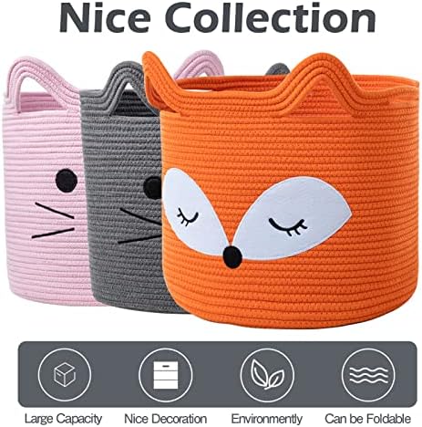 VK VK·LIVING Fox Toy Basket Cotton Rope Animal Baskets Orange Laundry Hamper for Toys, Clothes,Gifts,Towels, Blankets, Empty Gift Basket for Organizing with Handles 15''x14'' - Image 6