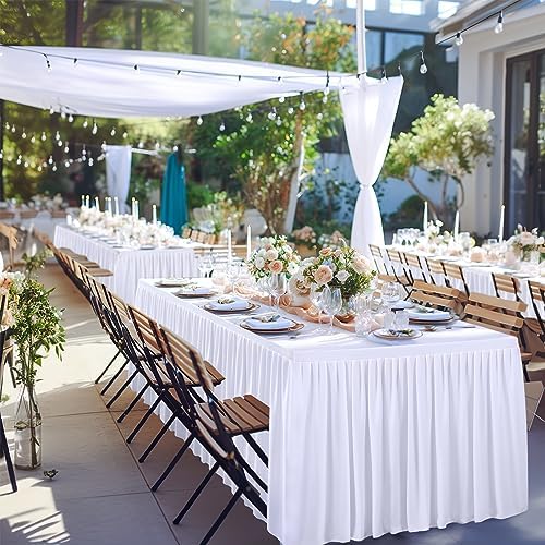 White Polyester Table Clothes for 8 Foot Rectangle Tables, Wrinkle Free Fitted Table Cover 8ft Stretch Tablecloths with Skirt for Parties Weddings Birthday Banquet Baby Shower - Image 6