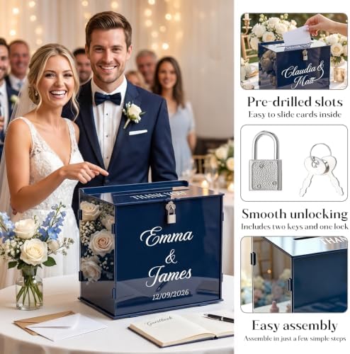 OASF&QPPTY Custom Wedding Card Box with Lock, Elegant Personalized Wedding Card Box for Reception, Graduation, Baby Shower - Secure PVC Money Box for Cards and Well Wishes, Elegant Party Table Decor - Image 5