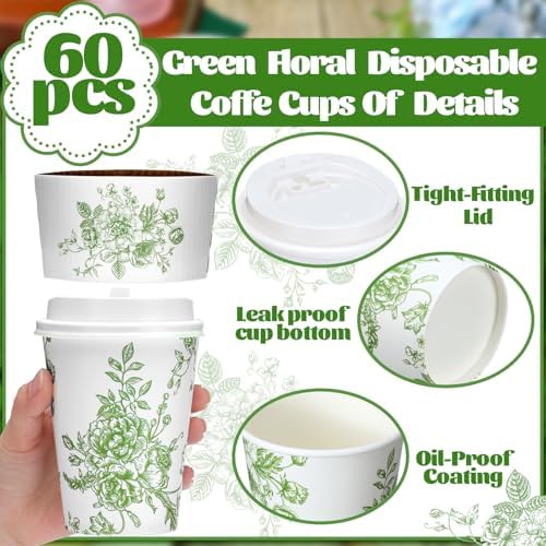 Vesici 60pcs 14oz Green Disposable Coffee Cups with Lids and Sleeves - Image 3