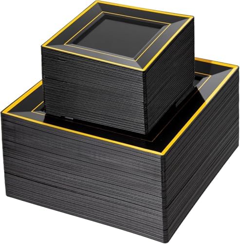 Liacere 100PCS Black and Gold Square Plastic Plates-50PCS Dinner Plate and 50PCS Dessert Plate-Durable Fancy Disposable Plates for Party & Halloween by Liacere