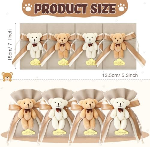 Shinylin 24 Pcs Bear Gift Bag Bulk for Baby Shower Guest Favor 5.3 x 7.1 Inches Candy Cute Plush Bear Drawstring Bag with Bow Thank You Acrylic Sign for Baby Boy Girl Party Decorations(Brown) - Image 2