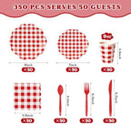 350 PCS Red Gingham Disposable Dinnerware Set, Decagonal Paper Plates 7 & 9 Inch, Napkins, Cups & Cutlery, Checkered Party Supplies for Picnic BBQ Valentine Christmas - Image 4