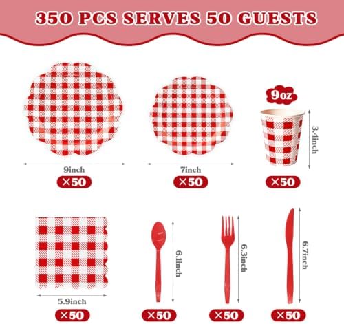350 PCS Red Gingham Disposable Dinnerware Set, Decagonal Paper Plates 7 & 9 Inch, Napkins, Cups & Cutlery, Checkered Party Supplies for Picnic BBQ Valentine Christmas - Image 4