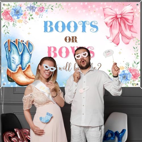 Mocsicka Boot or Bows Banner Cowboy Boots Pink Bows Gender Reveal Banner for Western Baby Shower Party Decorations (8x6ft) - Image 6