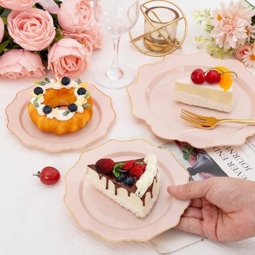 WDF 200PCS Pink Plastic Plates - Pink and Gold Plastic Plates - Include 100 Dinner Plate and 100 Cake Plate for Wedding/Bridal Shower/Tea party - Image 3