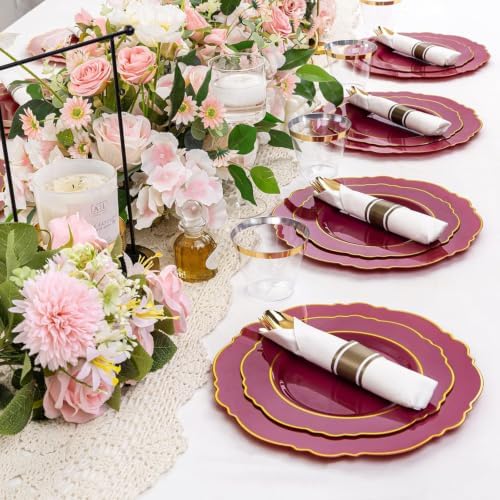 Liacere 350PCS Red Plastic Plates-Disposable Burgundy Red and Gold Plates 50guest Baroque Plastic Dinnerware include 100Plates, 50Pack Pre Rolled Napkins with Silverware 50Cups for Party & Wedding - Image 2