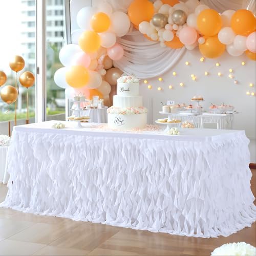 Partisky White Tulle Curly Willow Table Skirt for Rectangle Table 17ft, Ruffle Tutu Table Cloth for Wedding,Bridal Shower, Baby Shower,Birthday Party - Image 2
