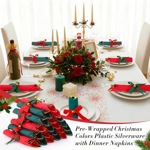 50 Set Christmas Red and Green Pre Rolled Silverware Gold Plastic Cutlery with Napkins Disposable Utensils with Bell Bow for Xmas Holiday Dinner Party Decorations - Image 5