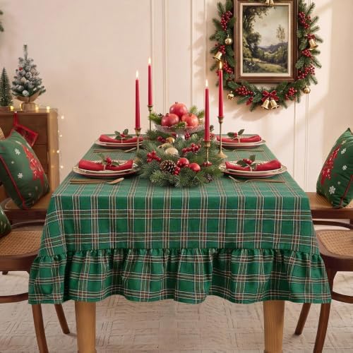 Romanstile Christmas Plaid Ruffled Tablecloth Rectangle, 60x102 Inch Green - Image 2