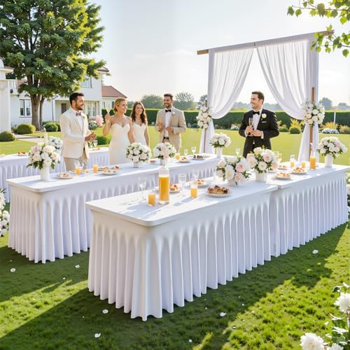 4 Pack 6ft White Spandex Tablecloths for Rectangle Tables Wrinkle Free White Rectangle Table Cloth, Stretch Fitted Table Cover with Skirt for Wedding Birthday Party Banquet Baby Shower Buffet Event - Image 2