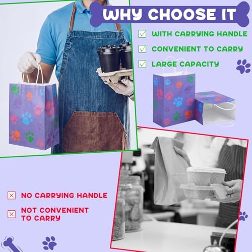 Tenceur 80 Pcs Dog Gift Bags Goodie Paw Puppy Paper Treat Bags Bulk with Handles 10.63 x 4.72 x 7.87 Inch Dog Themed Party Favors Shopping Holiday Kraft (Purple Colorful) - Image 3
